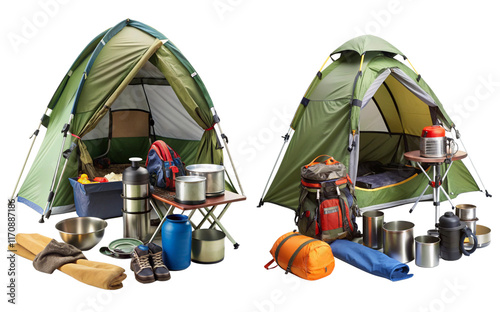 Camping gear setup with tents, cooking equipment, and outdoor essentials for a weekend adventure photo