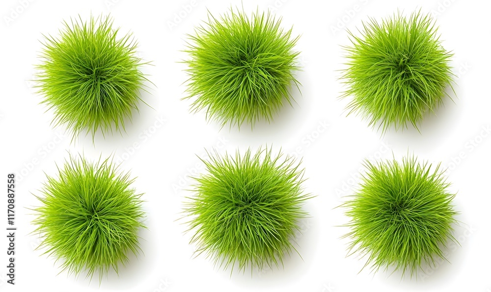 Six lush green grass tufts isolated on white. Six lush green grass tufts isolated on white.
