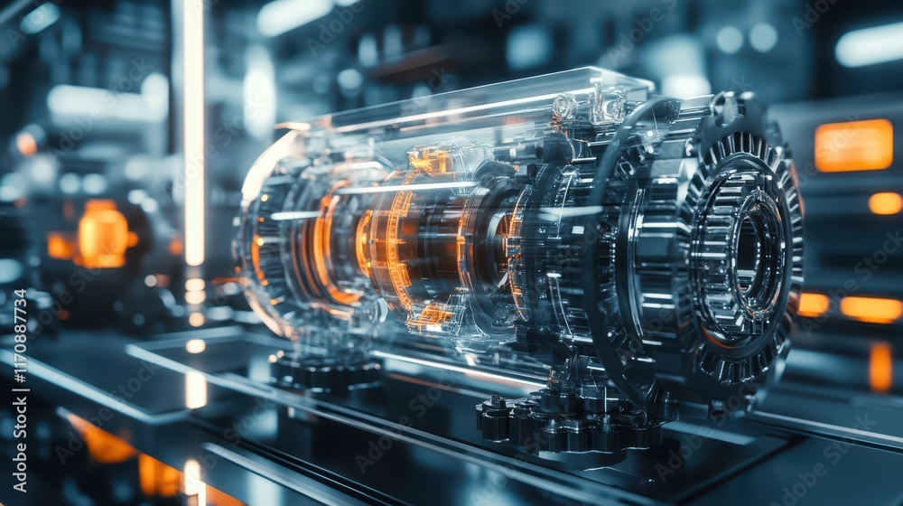 Fototapeta premium A futuristic motor system, with rotating transparent gears and pistons, displaying the cutting-edge engineering behind modern technology.
