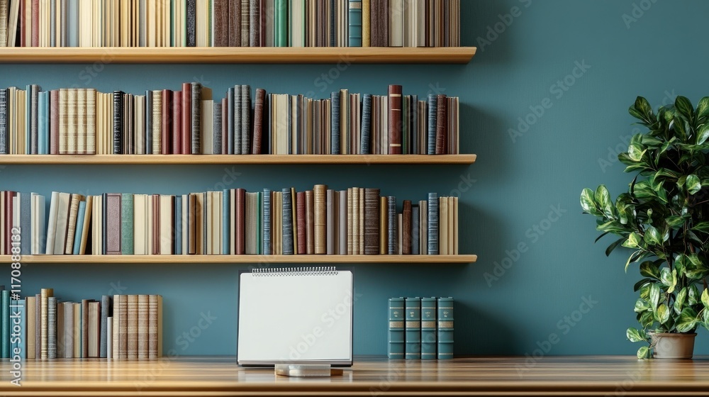 Serene Study: Bookshelves, Desk, and Plant in Teal Room Serene Study: Bookshelves, Desk, and Plant in Teal Room