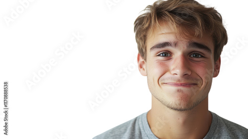 A young man with a nervous smile biting his lip, showcasing the complexity of human emotions, perfect for articles on anxiety, relationships, and personal struggles.. photo