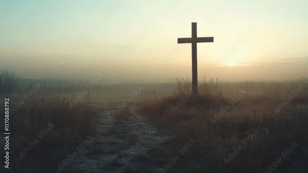 Sunrise over cross in open field, peaceful symbol of Easter renewal. Easter Sunrise over cross in open field, peaceful symbol of Easter renewal. Easter