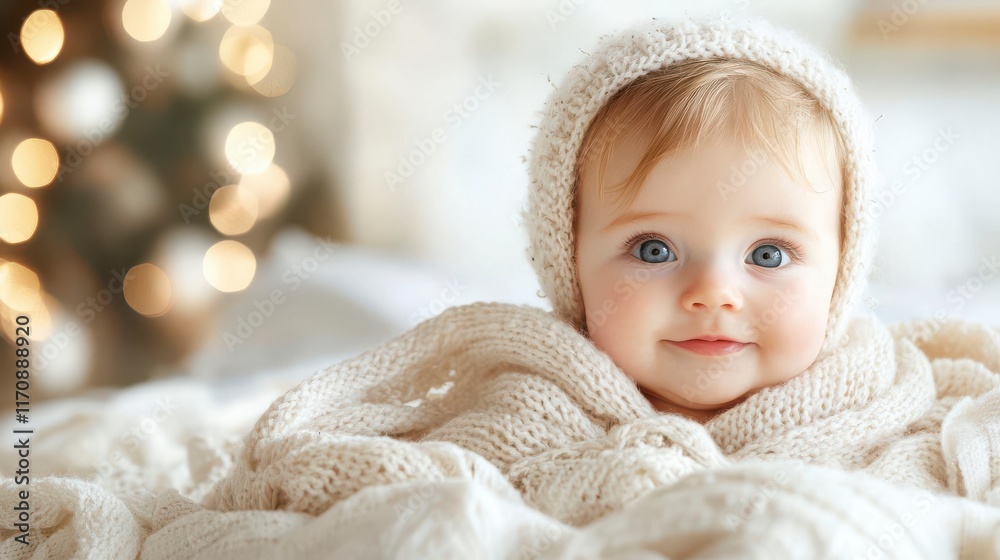 Adorable baby in soft knitwear, a winter wonderland scene.