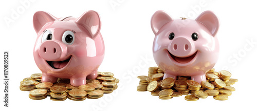Happy Piggy Bank with Coins on Transparent Background