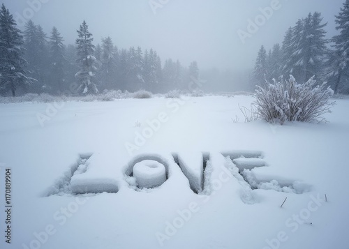 LOVE etched in snow surrounded by a harsh ice storm and snow-covered forest in a desolate winter landscape photo