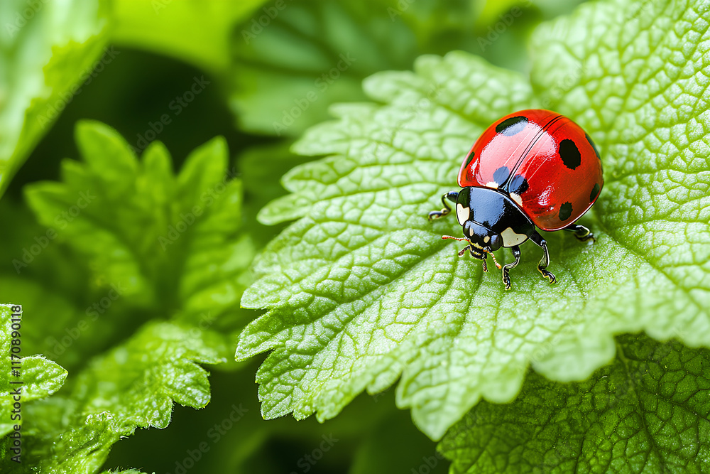 Ladybug is sitting on a leaf