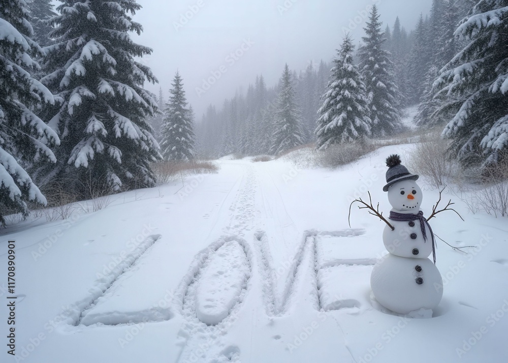 Obraz premium LOVE spelled out in the snow on a quiet mountain trail, with a snowman standing nearby and snow-covered trees framing the scene