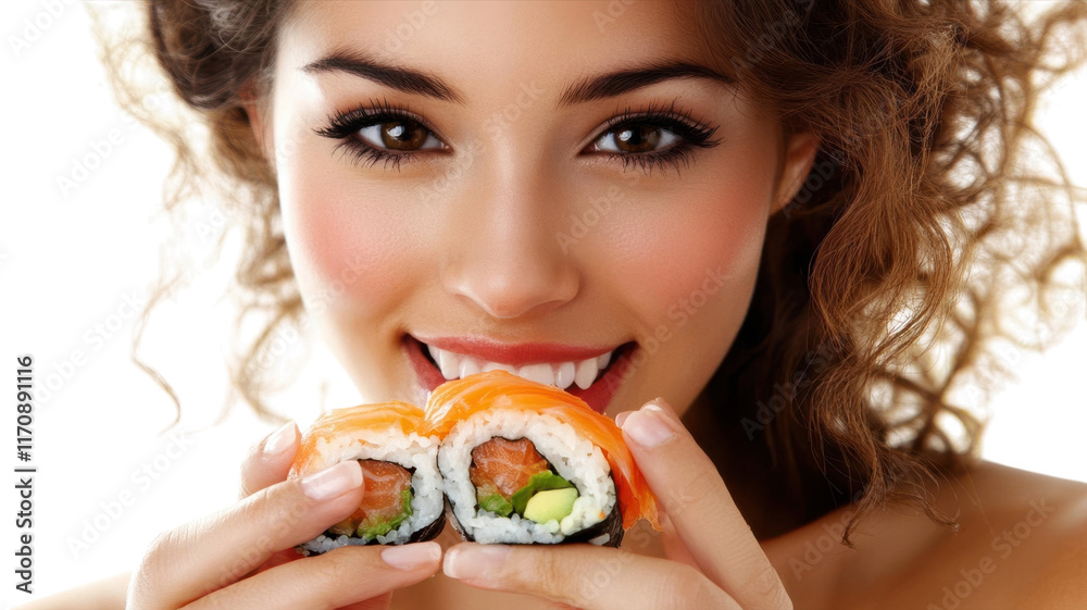 A Young Woman Enjoying a Sushi Roll on a White Plate - Perfect for Food Blogs, Culinary Articles, and Restaurant Menus. A Young Woman Enjoying a Sushi Roll on a White Plate - Perfect for Food Blogs, Culinary Articles, and Restaurant Menus.