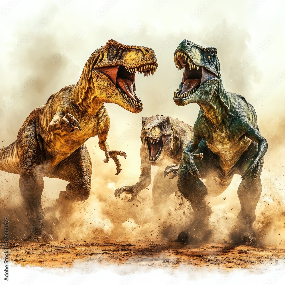 Obraz premium Three roaring dinosaurs in a dusty environment, showcasing prehistoric life.