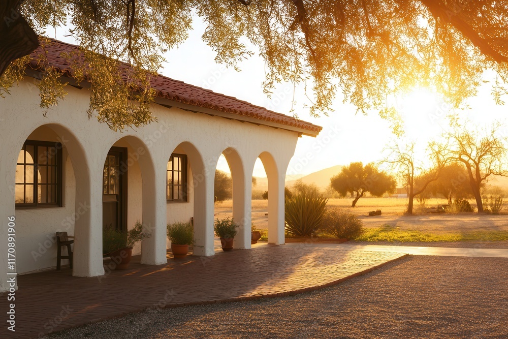 Obraz premium Mediterranean Villa with Arched Windows at Sunset