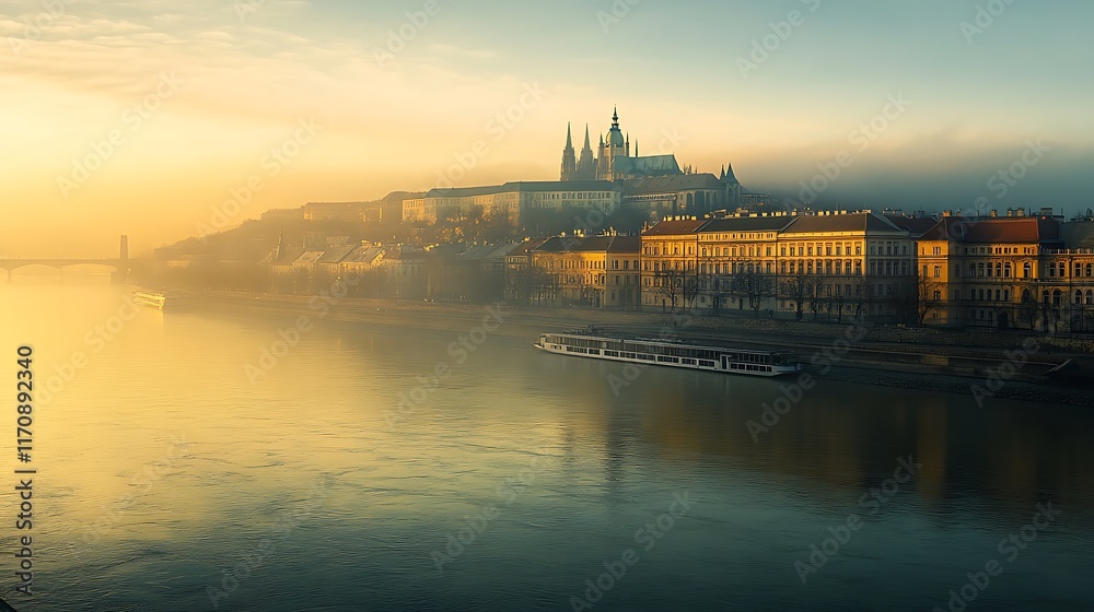 Sunrise over Prague Castle and River Vltava Sunrise over Prague Castle and River Vltava