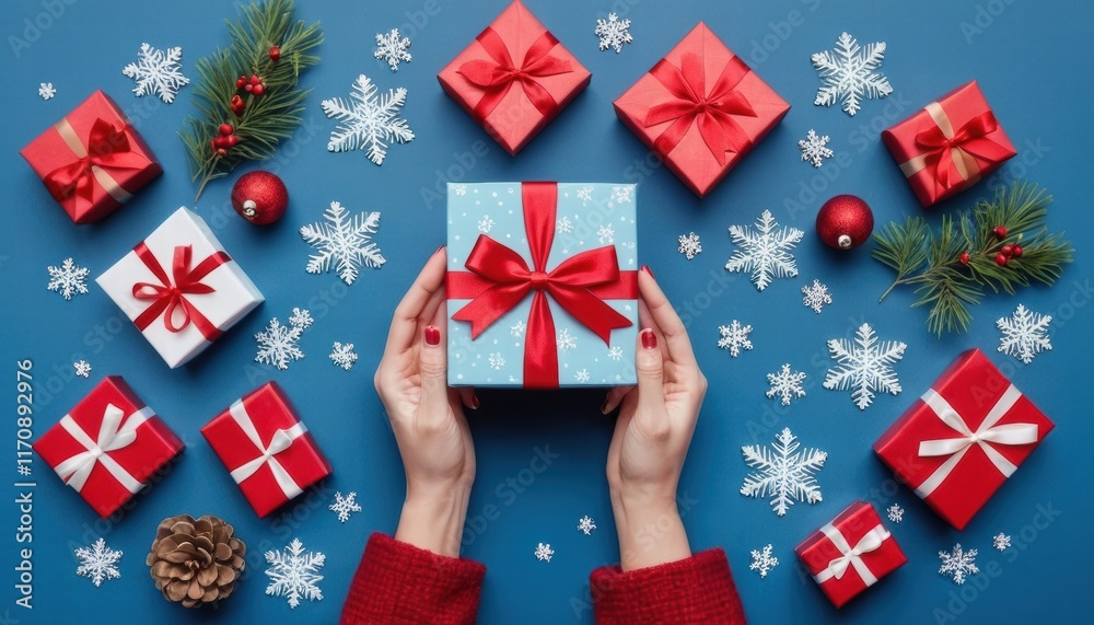 Fototapeta premium A person is holding a blue box with a red bow on it