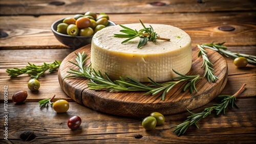 A wheel of creamy Schafsk?se on a rustic wooden table photo