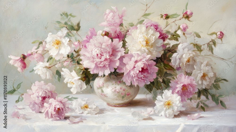 Obraz premium A delicate arrangement of pink peonies and white roses in a petite ceramic vase on a white tablecloth
