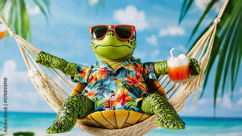 A turtle wearing sunglasses and a Hawaiian shirt relaxes in a hammock on a tropical beach, enjoying a refreshing drink.