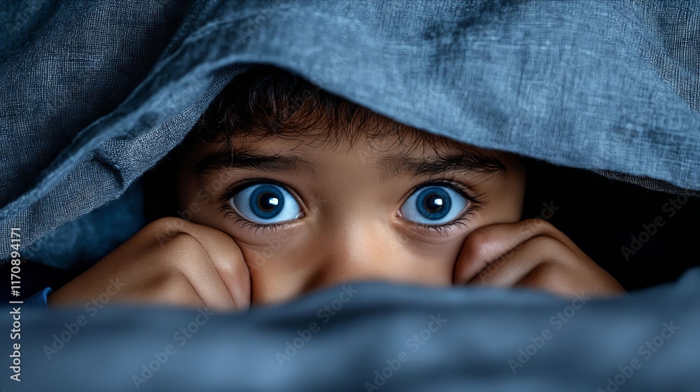 A child peeking out from under a blanket with blue eyes A child peeking out from under a blanket with blue eyes