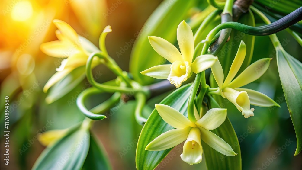 Obraz premium Vanilla Stick with Blooms, vanilla, plant growth, vanilla, plant growth, foliage