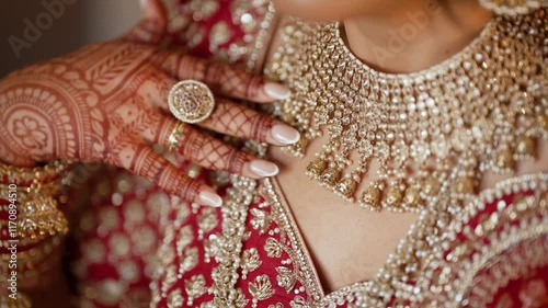 Camera pan over beautiful Gold necklace pakistani bridal getting ready her wedding day, bride wearing
