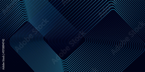 Abstract blue glowing geometric lines on dark background. Modern shiny blue rounded square lines pattern. Futuristic technology concept. Suit for poster, cover, banner, presentation, website, flyer