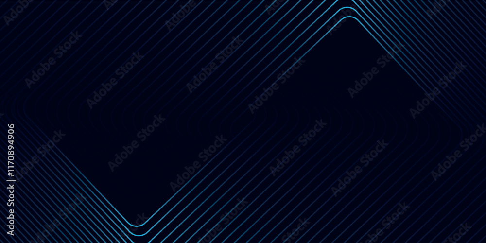Abstract blue glowing geometric lines on dark background. Modern shiny blue rounded square lines pattern. Futuristic technology concept. Suit for poster, cover, banner, presentation, website, flyer