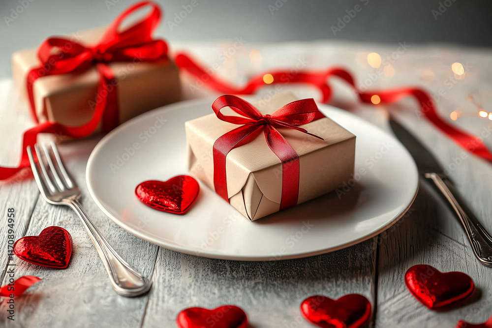 Red hearts on a white plate, fork, knife, ribbon, and gift box on a white wooden table. Wedding, Valentine's Day concept. Romantic dinner postcard. Red hearts on a white plate, fork, knife, ribbon, and gift box on a white wooden table. Wedding, Valentine's Day concept. Romantic dinner postcard.