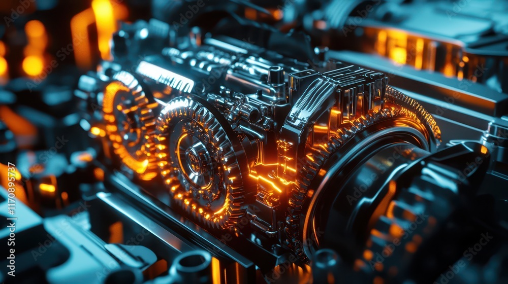 Fototapeta premium A high-performance car engine with glowing gears and rotating parts, demonstrating the power and speed of modern automotive technology.
