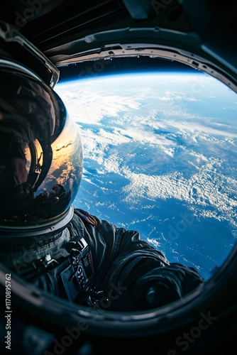 Fototapeta Naklejka Na Ścianę i Meble -  A man in a space suit is looking out of a window of a spacecraft