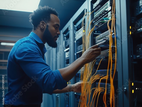 A network technician configuring fiber optic systems for internet connectivity, showcasing modern telecommunications technology.