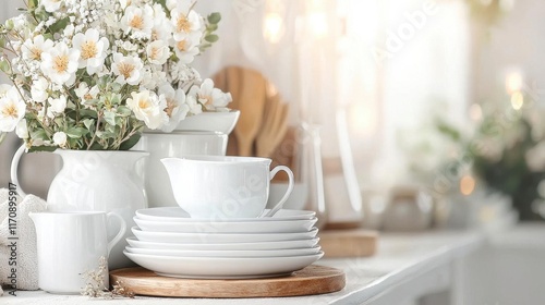 Wallpaper Mural Serene Kitchen: White Flowers and Stacked Plates Torontodigital.ca