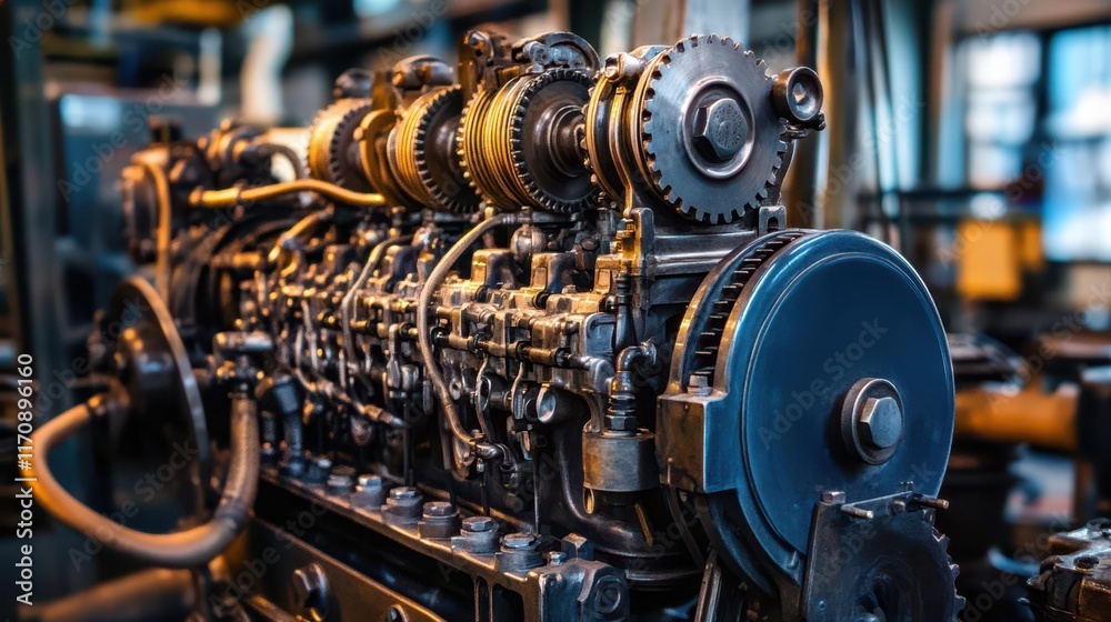 Fototapeta premium A dynamic shot of a vintage engine, with rotating pistons, cogs, and gears, creating a powerful mechanical atmosphere in an industrial setting.