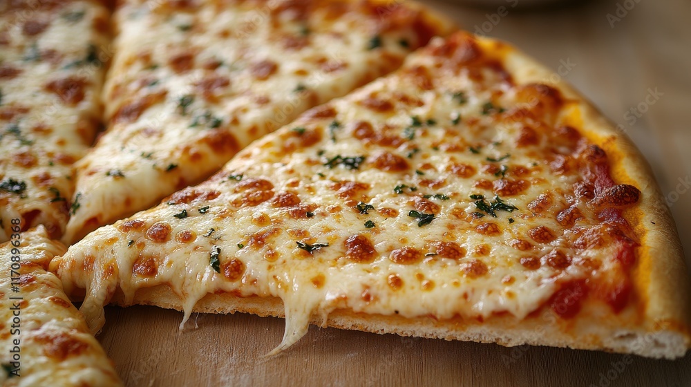 A close-up of a cheesy pizza slice with melted cheese and herbs on a wooden surface. A close-up of a cheesy pizza slice with melted cheese and herbs on a wooden surface.