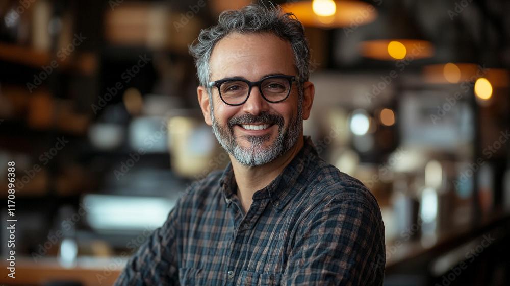 Obraz premium Smiling man with glasses enjoying time in a cozy cafe