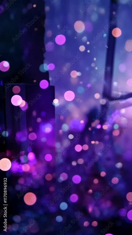 Abstract purple and pink bokeh lights background with glittering particles.