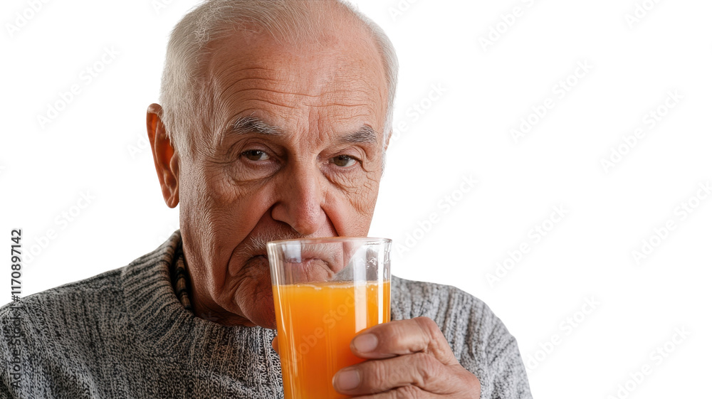An Elderly Man Enjoying a Refreshing Glass of Orange Juice: A Moment of Relaxation and Joy in Daily Life. An Elderly Man Enjoying a Refreshing Glass of Orange Juice: A Moment of Relaxation and Joy in Daily Life.