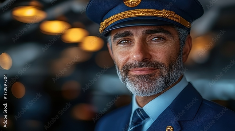 A confident man in a pilot uniform, smiling warmly against a softly blurred background. A confident man in a pilot uniform, smiling warmly against a softly blurred background.