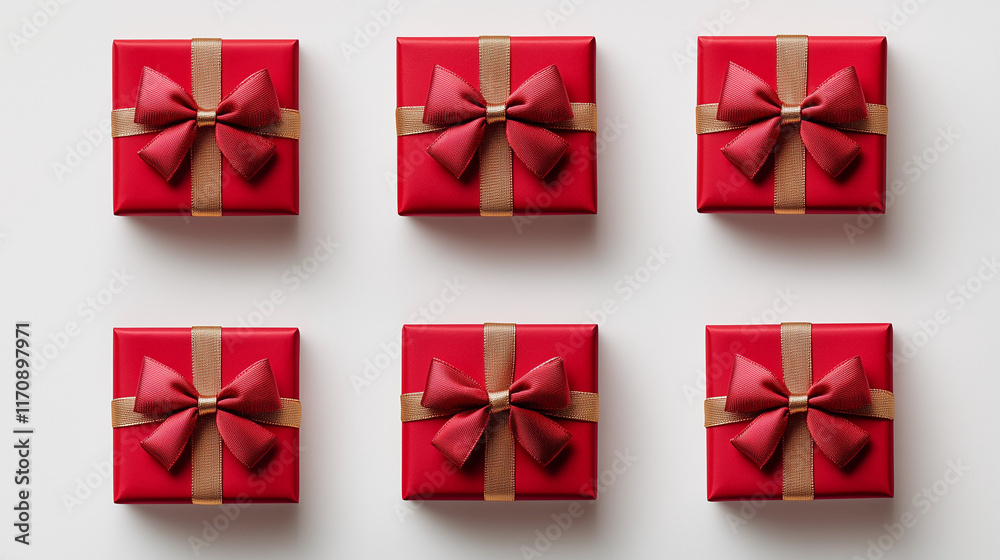 Set of red gift boxes with gold ribbon bows isolated on a white background. Set of red gift boxes with gold ribbon bows isolated on a white background.