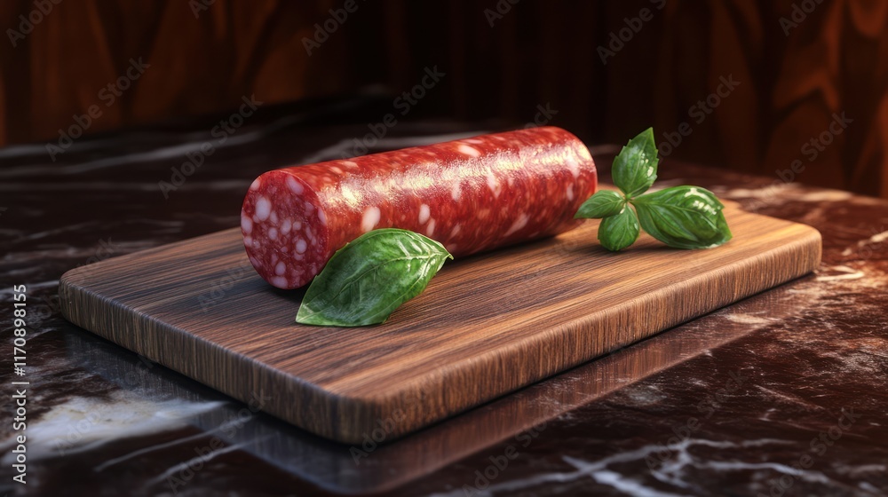 A salami on a wooden cutting board with fresh basil leaves. A salami on a wooden cutting board with fresh basil leaves.