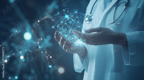 Doctor Hands Holding Digital Network Global Healthcare Innovation web data blue nurse light future  