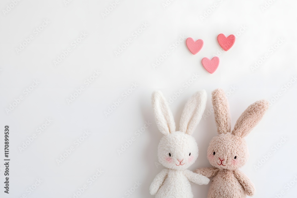 Obraz premium Cute bunny plush toys with hearts cozy setting still life soft background adorable concept for valentine's day
