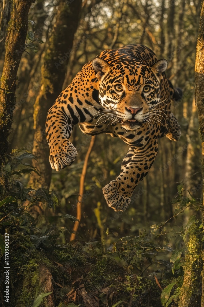 Naklejka premium A jaguar leaps through a dense forest, showcasing its agility and power in the wild.