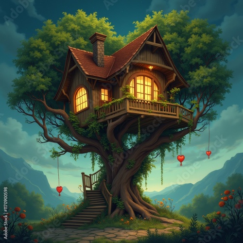 The image is a digital illustration of a tree house in the middle of a beautiful landscape. The tree house is made of wood and has a sloping roof with a chimney on top. photo