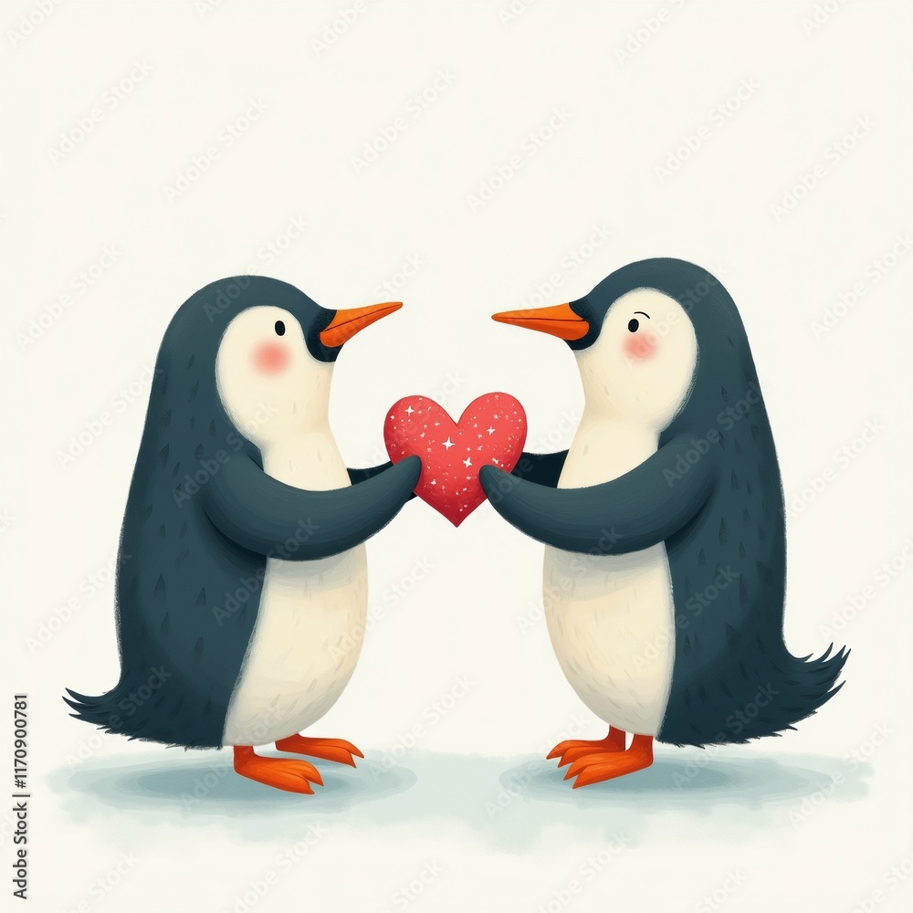 Obraz premium The image shows two penguins standing side by side and holding a red heart in their hands. The penguins are facing each other and appear to be in a loving embrace.