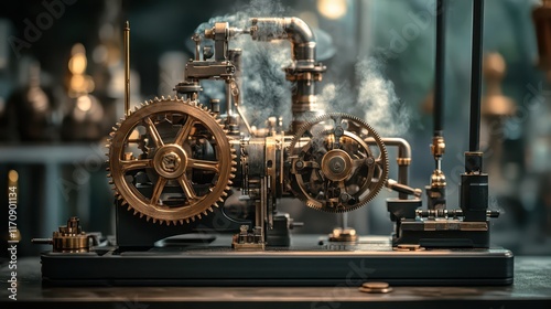 A powerful motor with rotating wheels and exposed cogs, generating a dynamic flow of energy and illustrating the precision of mechanical design. photo