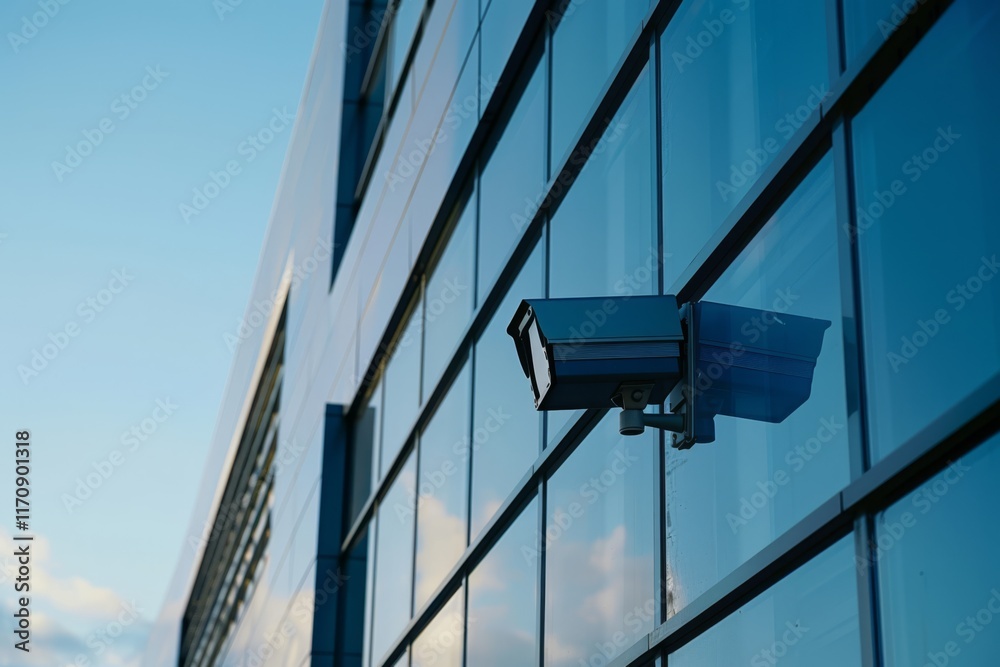 Modern Security Camera on Glass Building Facade Modern Security Camera on Glass Building Facade