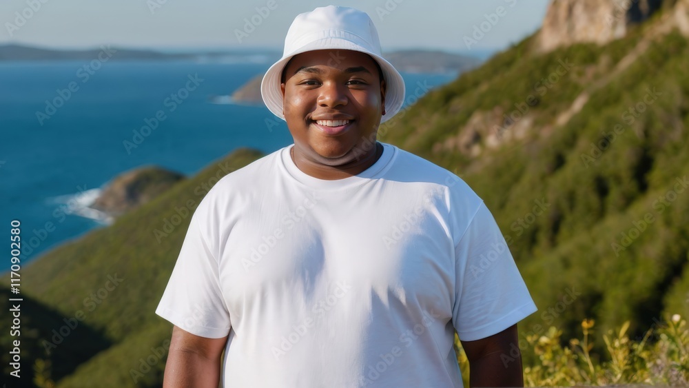 Plus size black teenage boy wearing white t-shirt and white bucket hat standing on a mountain Plus size black teenage boy wearing white t-shirt and white bucket hat standing on a mountain