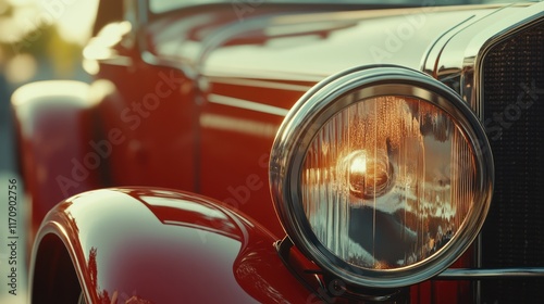 Vintage red car headlight close-up.  Golden hour sunlight reflects on classic automobile.