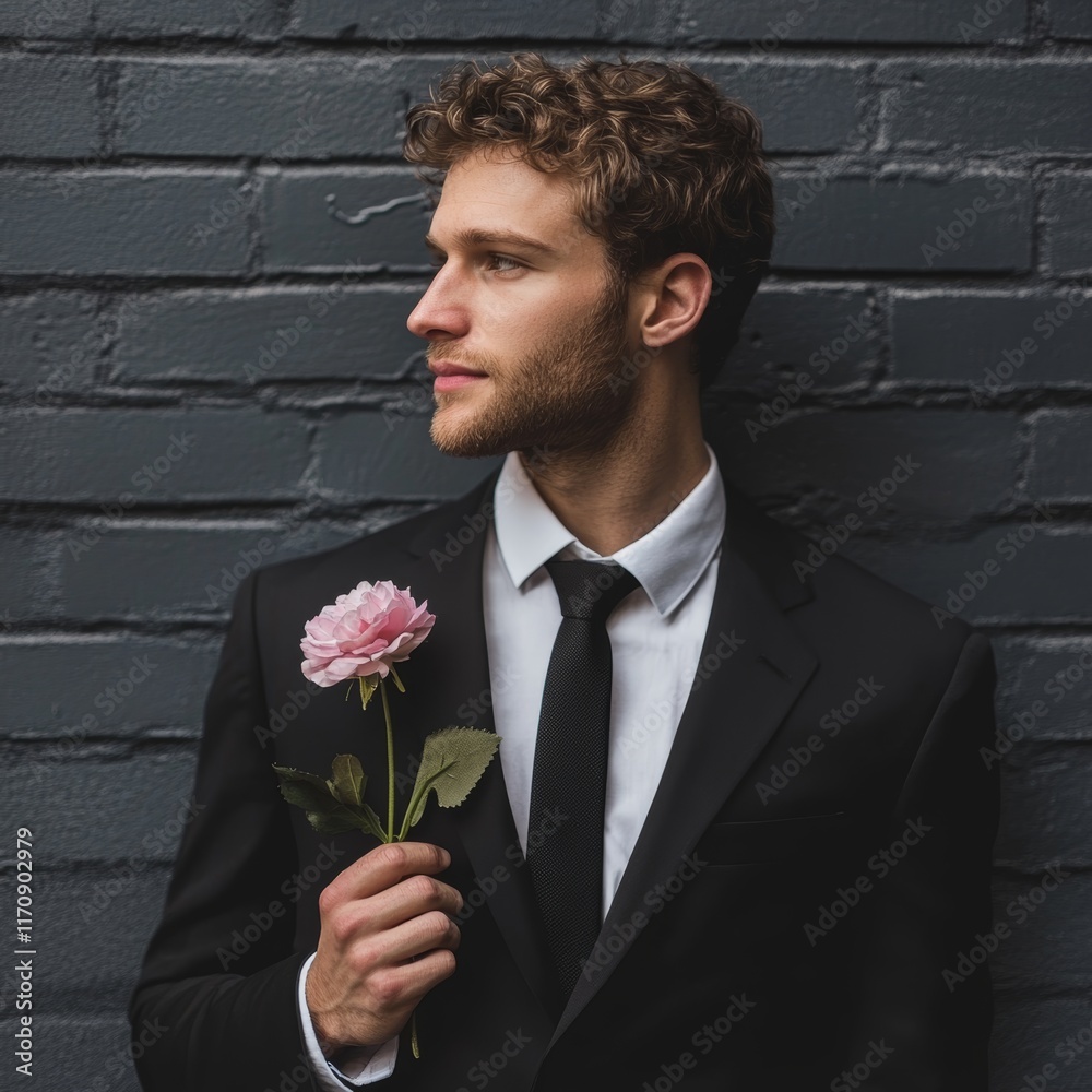 A man in a suit holding a pink flower A man in a suit holding a pink flower