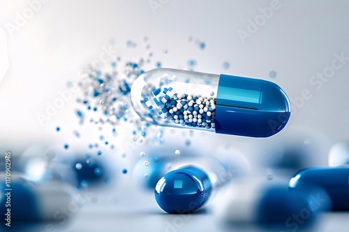 Exploding capsule with medicine granules.