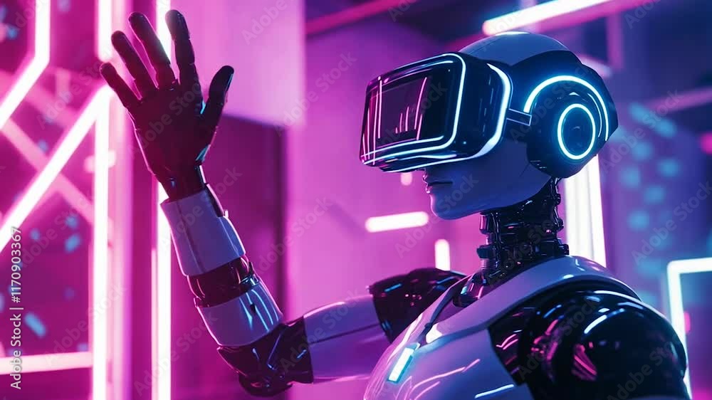 A series of striking cyberpunk-inspired visuals featuring a humanoid figure immersed in a virtual reality environment. Neon pink and blue lights create a high-tech ambiance, reflecting the advanced
