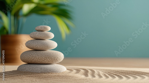 Mind body harmony theme, Serene Zen garden with stacked stones and raked sand, promoting tranquility photo